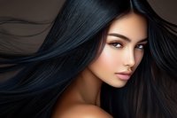 Young Asian woman with flowing black hair and natural makeup in beauty portrait against dark background. Professional hair care and cosmetics concept.