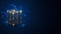 Glowing geometric cube wireframe with connected dots and lines floating in dark blue space with sparkles and light effects. Digital blockchain concept.
