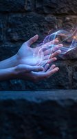 Hands holding glowing digital energy waves with magical light effects against dark stone background, representing technology, innovation, and future concepts.