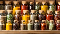 Colorful spice jars with cork lids arranged on wooden shelves containing various herbs, seasonings and cooking ingredients for culinary preparation.