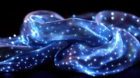 Glowing blue silk fabric with magical sparkles and light effects flowing in darkness creates ethereal atmosphere for fantasy and magical designs.