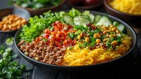 Fresh taco bowl with seasoned ground meat, shredded cheddar, diced tomatoes, lettuce, and chickpeas on dark background, served in black ceramic bowl.