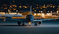 Commercial passenger aircraft on runway at night with city lights bokeh in background, dramatic dark atmosphere with illuminated plane exterior.