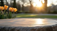 Rustic wooden stump surface in garden setting with yellow tulips and golden sunset light creating magical spring atmosphere, natural outdoor backdrop.