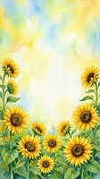 Watercolor sunflower border frame with yellow blooms and green leaves on soft blue sky background for greeting cards and invitations.