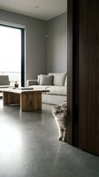 Cute tabby kitten exploring modern minimalist living room with wooden furniture and concrete floors in contemporary apartment interior.