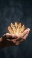 Male hand holding glowing golden silhouettes of diverse people against dark background, representing teamwork, community care, human resources, and business growth concepts.