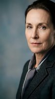 Middle-aged woman with short dark hair wearing charcoal blazer and navy shirt, professional headshot against neutral blue-gray background for corporate, business, and executive use.
