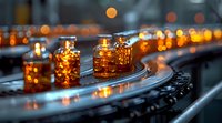 Glowing amber glass bottles on automated industrial production line with beautiful bokeh lights, perfect for beverage industry, manufacturing, or quality control concepts.