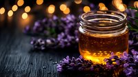 Golden honey jar glowing with warm light against dark wood background, surrounded by fresh purple lavender flowers creating romantic mood for food photography.