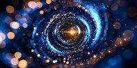 Spiral galaxy with glowing center and swirling cosmic dust in deep blue and gold colors against dark space background with bokeh light effects.