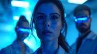 Young Asian woman in glasses illuminated by dramatic blue neon lighting with blurred figures in background, creating futuristic cyberpunk atmosphere.