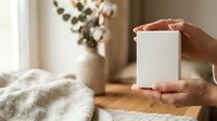 Woman holding blank white box with both hands in bright home interior with dried flowers and neutral decor, suitable for product packaging mockups and branding presentations.