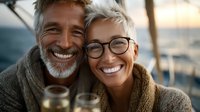 Mature couple enjoying romantic sunset moment with wine glasses, sharing genuine laughter outdoors. Close up portrait shows authentic joy and connection.