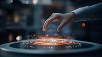Futuristic hand gesture activating glowing orange holographic circle interface with magical light particles and bokeh effects in dark environment.