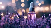 Glass dropper bottle with essential oil among fresh lavender flowers against blurred bokeh lights background, creating magical purple atmosphere for spa and wellness concept.