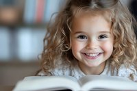 Adorable young girl with curly blonde hair smiling while reading open book, early childhood education and learning development concept for preschool activities.