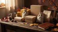 Autumn gift wrapping scene with kraft paper boxes, fabric pouches and seasonal decorations on rustic wooden table in warm sunlight.
