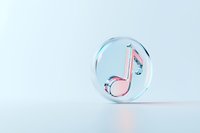 Glossy transparent musical note with pink and blue holographic effect on light background. Ideal for music streaming services.