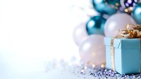 Elegant turquoise gift box with gold ribbon against blurred Christmas ornaments and bokeh lights background in blue and white tones creates festive holiday atmosphere.