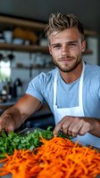 Young Caucasian male chef in casual attire and white apron preparing fresh vegetables, chopping bright orange carrots and green herbs in modern kitchen setting.