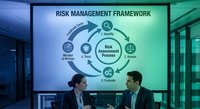 Business professionals discussing risk management framework during corporate presentation in modern office conference room.