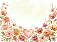 Watercolor floral frame with heart and blooming roses in warm pink and orange tones, copy space for text, romantic greeting card design.