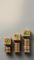 Wooden blocks with green environmental icons stacked on increasing coin piles, representing sustainable growth, renewable energy investment, and eco-friendly business development.