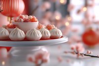 Traditional Chinese steamed dumplings on white plate with red lantern and festive bokeh lights background for lunar new year celebration dining.