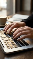 Professional hands typing on laptop keyboard in modern office workspace with coffee cup and notebook for remote work and productivity.