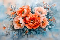 Delicate coral and peach peonies with silver-blue foliage in watercolor style against soft blue background, romantic floral composition for wall art and textile design.