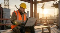 Construction worker using laptop computer on building site during sunset for project management and digital planning tasks.