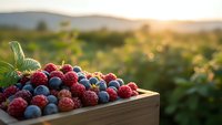 Fresh mixed berries in wooden crate at sunset farm field with blueberries raspberries and strawberries for healthy organic harvest concept.
