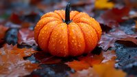 Orange pumpkin with water droplets sits on wet autumn leaves creating seasonal harvest atmosphere for fall decorations and Halloween designs.