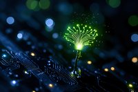 Glowing green digital flower grows from circuit board with bokeh lights in dark background, representing technology growth and artificial intelligence innovation.