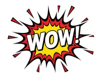 Comic book style WOW exclamation burst with yellow center and red explosion rays on white background for pop art designs and retro graphics.