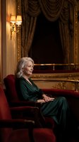 Elegant senior Caucasian woman in emerald green dress sitting in luxurious red velvet chair in ornate palace interior with golden curtains and warm lighting.