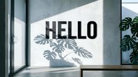 Bold HELLO letters mounted on a sunlit concrete wall with monstera plant shadows, modern minimalist interior with natural light and greenery.