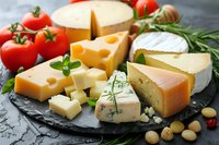 Assorted cheese platter with fresh tomatoes, herbs, and nuts on dark slate board, gourmet appetizer for wine tasting or party buffet.