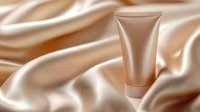 Elegant cosmetic tube on luxurious beige silk fabric background with soft folds and waves creating sophisticated minimalist composition for beauty product presentation.