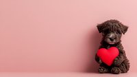 Adorable brown puppy holding red heart shape against pink background, isolated studio shot for valentines day, love, and pet adoption concepts.