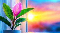 Young ficus plant with pink and green leaves against vibrant rainbow sunset background, soft focus effect creates dreamy atmosphere for wellness and growth concepts.