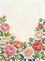 Elegant peony floral frame with pink and coral blooms on soft beige background for wedding invitations, greeting cards and romantic design projects.