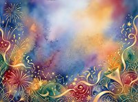 Colorful watercolor background with ornamental floral borders, decorative swirls, and golden stars. Vibrant gradient sky with purple, blue, yellow, and red tones. Festive celebration backdrop.