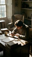 Middle-aged man with dark hair and glasses, wearing a beige sweater, writing at a wooden desk in a sunlit study room with bookshelves, armchair, and window. Suitable for education, creativity, and professional content.