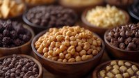 Assorted dried legumes and chocolate chips in wooden bowls arranged on dark background, macro food photography showing texture and variety for cooking concepts.