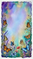 Watercolor butterfly garden frame with colorful monarch and blue butterflies among wildflowers on rainbow gradient background for spring designs.