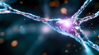Glowing neural network connection with bright synaptic transmission and electric impulses for medical research and neuroscience technology concepts.