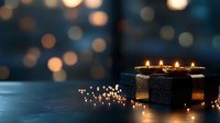 Glowing candles on dark stone surface with blurred bokeh lights background create cozy atmospheric mood for spa, meditation, or holiday decor.