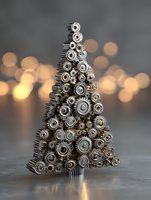 Miniature Christmas tree made from metal gears and cogs against blurred golden bokeh lights, representing industrial holiday decor.